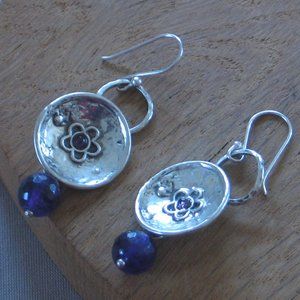 Silver Dangling Disk Earrings with Amethysts, Unique Style.